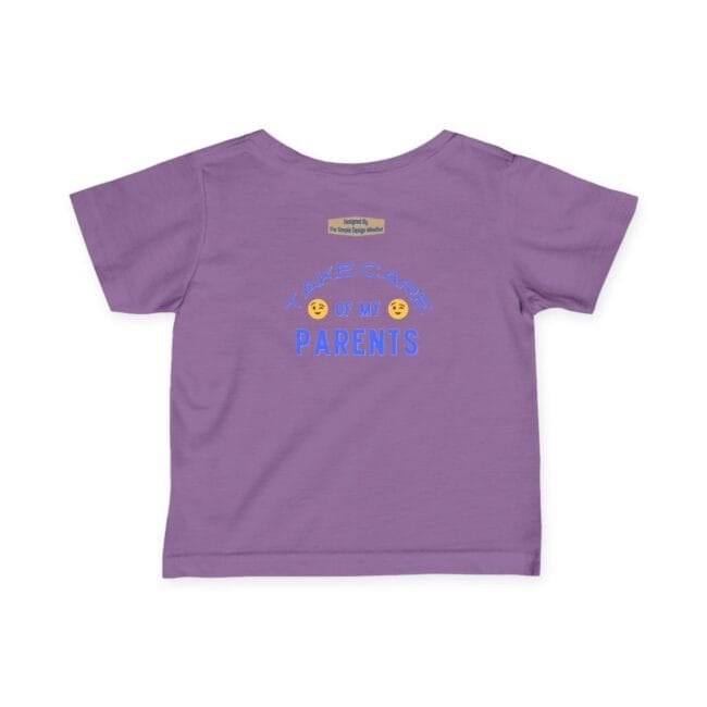 Purple children's T‑shirt with blue curved text reading 'TAKE CARE OF MY PARENTS' and a small yellow label on the back. two yellow emoji faces appear between the words.