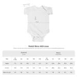 White baby onesie with measurement arrows; size chart shows Width, Length, and Sleeve length for NB–24M in inches and centimeters.