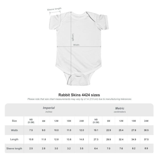 White baby onesie with measurement arrows; size chart shows Width, Length, and Sleeve length for NB–24M in inches and centimeters.