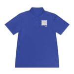Blue polo shirt laid flat with a small white badge/logo on the left chest.