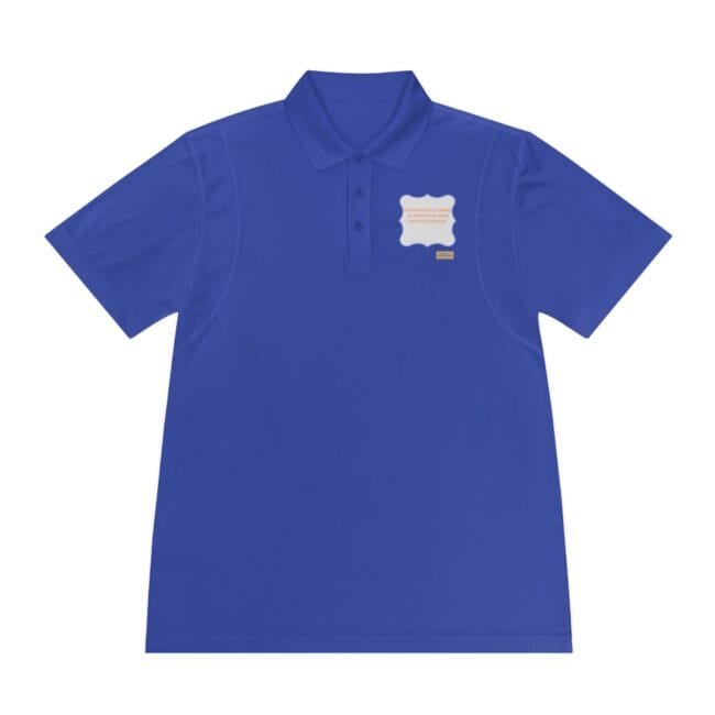 Blue polo shirt laid flat with a small white badge/logo on the left chest.