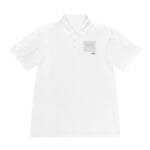 White polo shirt with short sleeves and a small decorative label on the left chest area.