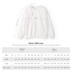 Informative image showing a white Gildan 18000 sweatshirt with measurement lines (length, width, sleeve length) and a size chart below.