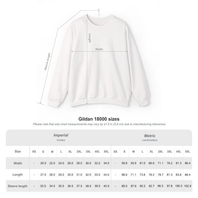 Informative image showing a white Gildan 18000 sweatshirt with measurement lines (length, width, sleeve length) and a size chart below.