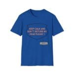Blue T-shirt with a black shield graphic and orange slogan: