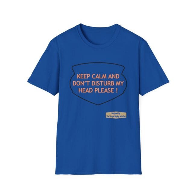 Blue T-shirt with a black shield graphic and orange slogan: