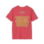 Red T-shirt shown with a bold gold, bubble-letter slogan on the back: 'A princess is a girl or a woman who conserves her ethics'; small designer label near the neck.