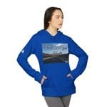 Blue hoodie worn by a person, featuring a road trip photo with the text 'Walk For Your Health' on the front graphic.