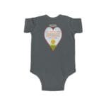 Baby onesie with a heart-shaped graphic saying, 'Let me sleep and do not disturb me, please' above a smiling sun over green hills.