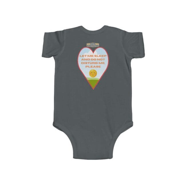 Baby onesie with a heart-shaped graphic saying, 'Let me sleep and do not disturb me, please' above a smiling sun over green hills.