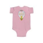 Pink baby onesie featuring a heart-shaped graphic with the text 'Let me sleep and do not disturb me, please' and a small sun emoji in a scenic hill backdrop.