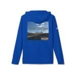 Blue hoodie with a back graphic showing an open highway and the words 'Walk For Your Health' overlaid on a cloudy sky.