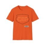 Orange T-shirt with a black-outlined shield graphic and the slogan 'KEEP CALM AND DON'T DISTURB MY HEAD PLEASE!' on the chest area