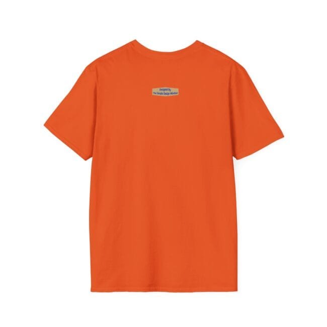 Orange short-sleeve T-shirt shown from the back, with a small blue label centered near the neckline on the upper back.