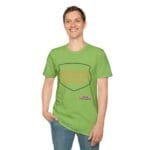 Smiling man wearing a lime-green T-shirt with a shield graphic and orange text reading 'KEEP CALM AND DON'T DISTURB MY HEAD PLEASE!'