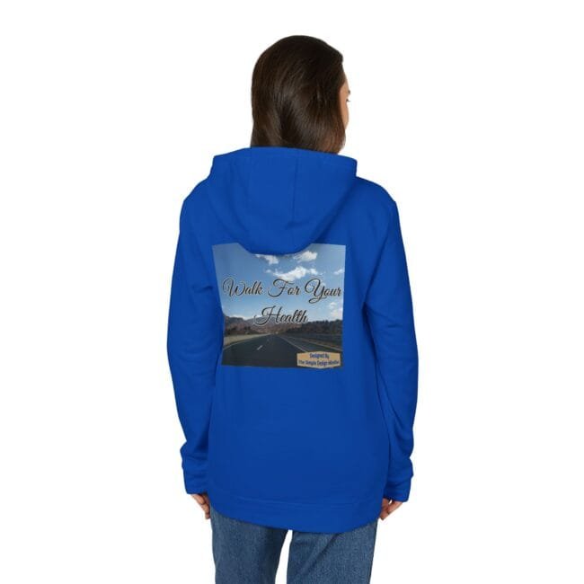 Back view of a blue hoodie with a back print showing a road under a blue sky and the words 'Walk For Your Health'.