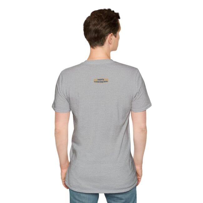 Back view of a heather gray t-shirt worn by a person, featuring a small blue-and-yellow label centered on the upper back.