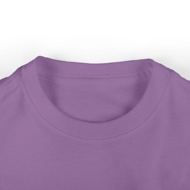 Close-up of a lavender t-shirt neckline and collar, showing soft knit fabric and stitched seam details.