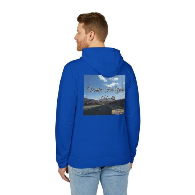 Man in a blue hoodie seen from behind, with a back graphic showing a road and the words 'Walk For Your Health' across a cloudy sky.