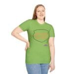Woman smiling and wearing a lime-green T-shirt with an orange slogan inside a shield: 'KEEP CALM AND DON'T DISTURB MY HEAD PLEASE!'