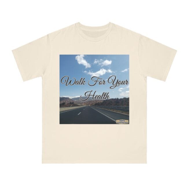 T-shirt with a road-shot graphic and the cursive phrase 'Walk For Your Health' across the sky.