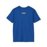 Blue T-shirt with a small beige label on the upper back center.