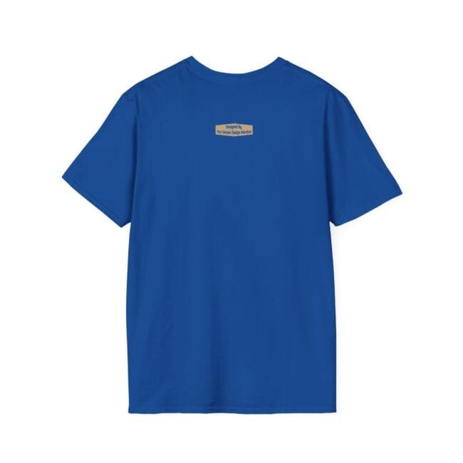 Blue T-shirt with a small beige label on the upper back center.