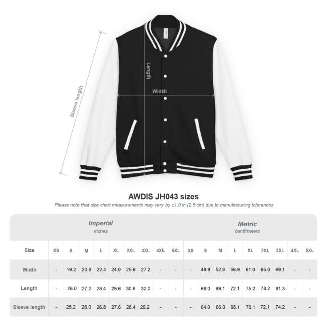 Front view of a black-and-white varsity jacket with measurement arrows for width, length, and sleeve length and a size chart below (AWDIS JH043).