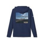 Back of a navy hoodie featuring a rectangular graphic: open road through desert mountains under a blue sky, with the words 'Walk For Your Health'.