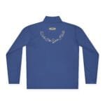 Back view of a blue long-sleeve polo shirt with white cursive text 'Walk For Your Health' arcing across the upper back and a small beige label near the neck.