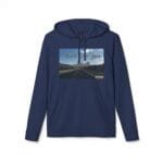 Navy hoodie with a rectangular graphic of a road through mountains and the text 'Walk For Your Health' on the chest area.