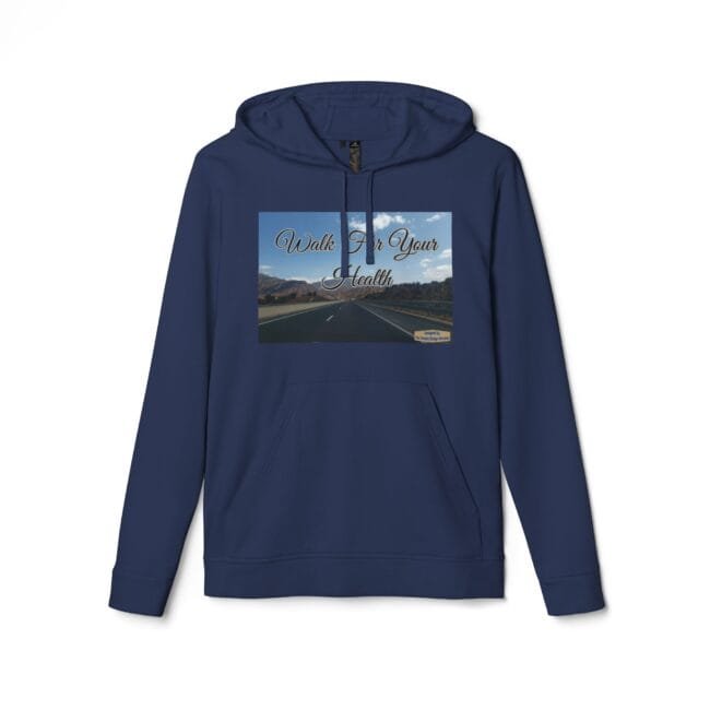 Navy hoodie with a rectangular graphic of a road through mountains and the text 'Walk For Your Health' on the chest area.