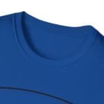 Close-up of a blue crew-neck T-shirt collar and upper chest area with a partial black curved design edge visible