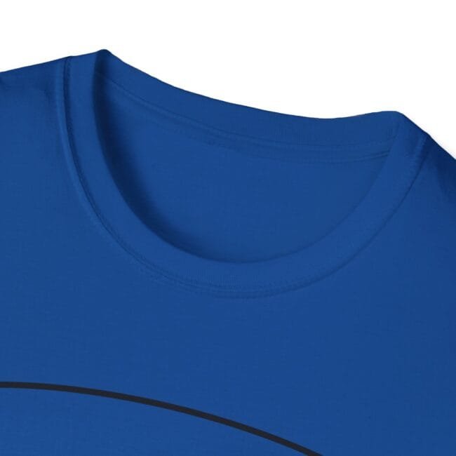 Close-up of a blue crew-neck T-shirt collar and upper chest area with a partial black curved design edge visible