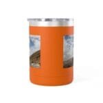Orange travel tumbler with a clear lid and two landscape photo decals on the sides