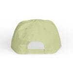 Back view of a pale yellow baseball cap with an adjustable plastic strap at the rear.
