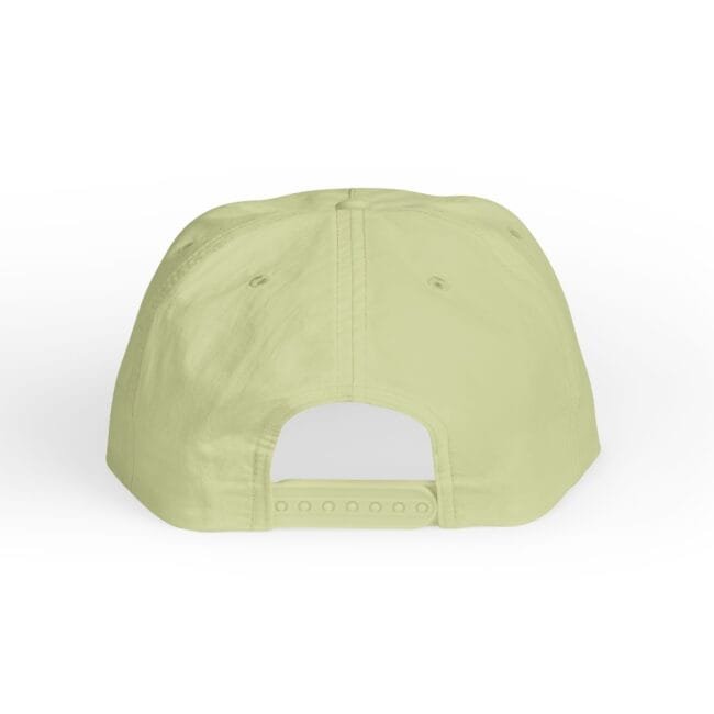 Back view of a pale yellow baseball cap with an adjustable plastic strap at the rear.