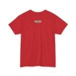 Back view of a red T-shirt with a small rectangular tag near the neckline on the upper back.