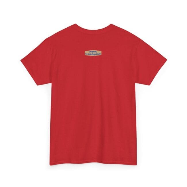 Back view of a red T-shirt with a small rectangular tag near the neckline on the upper back.