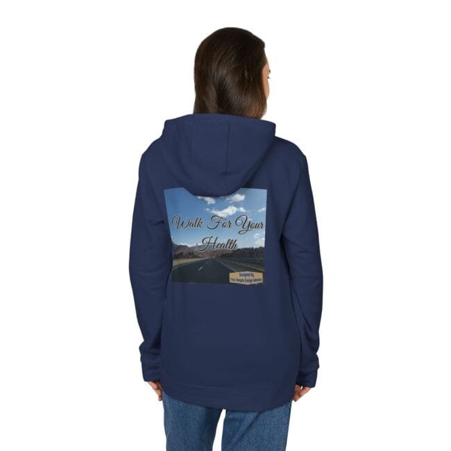 Back of a navy hoodie with a square graphic of a road under a blue sky and the text 'Walk For Your Health'.