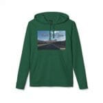 Green hoodie with a printed rectangular image on the chest: a highway through desert mountains under a blue sky, overlaid with cursive text 'Walk For Your Health'