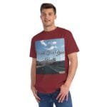Man wearing a maroon T-shirt with a 'Walk For Your Health' graphic showing a road and blue sky panel on the chest