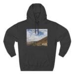 Dark gray hoodie with a square landscape print on the chest showing hills and a blue sky, overlaid with the words 'Keep calm and increase your concentration'.