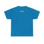 Back view of bright blue T-shirt with a small beige brand label centered near the neckline ~