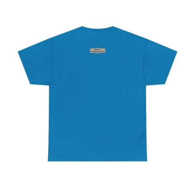 Back view of bright blue T-shirt with a small beige brand label centered near the neckline ~