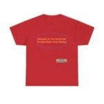 Red T-shirt with an orange slogan: 'BREATHE IN THE FRESH AIR TO EMPOWER YOUR ENERGY' inside a blue decorative frame; small blue label at the lower right.