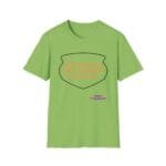 Lime-green T-shirt with a large black shield outline and orange text: ‘KEEP CALM AND DON’T DISTURB MY HEAD PLEASE!’