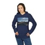 Woman in a navy hoodie with a front graphic reading 'Walk For Your Health' over a road scene.