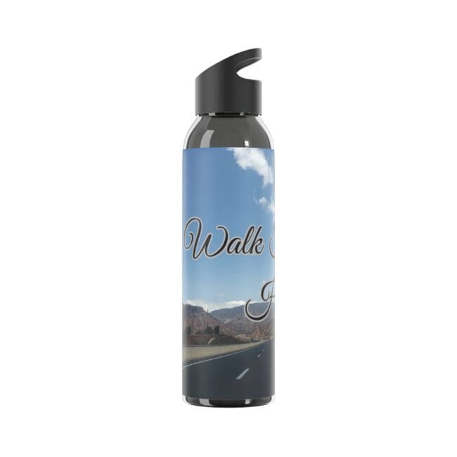 Water bottle with black cap and a blue sky scenic label reading 'Walk' over a road through desert landscape