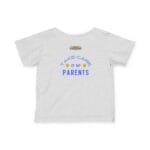 Gray T-shirt featuring the phrase 'Take Care of My Parents' in blue curved text with two emoji faces.